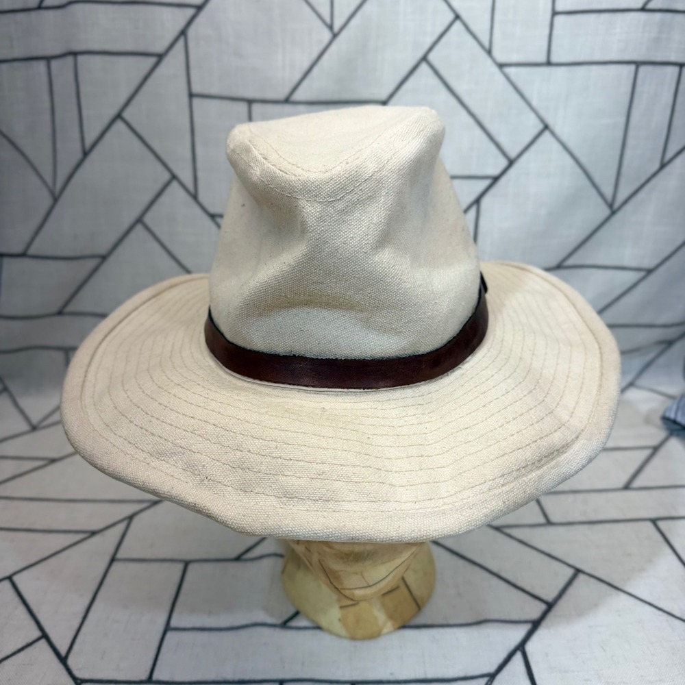 Dorfman Pacific Safari Sun Hat Small Off White Canvas Wide Brim Leather Band